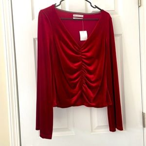 Urban Outfitters Ruched Wine Velvet Bell Sleeved Top